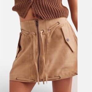 Free People Boho Western Sierra Camel Vegan Suede Lace Up Utility Mini Skirt -0